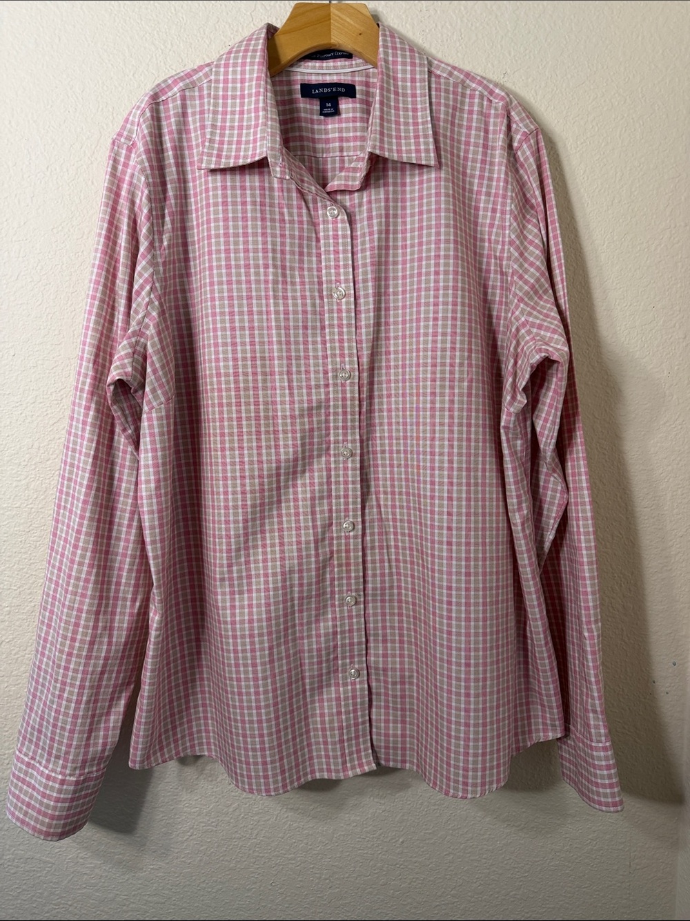 Lands' End Pink Tan Plaid Gingham Button Down Shirt No Iron Supima Cotton Sz 14